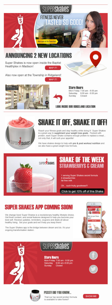 Email campaign template for healthy living product Super Shakes