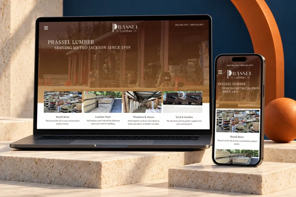 Current prassellumber.com website shown on a laptop and phone in a Nuzu portfolio graphic.