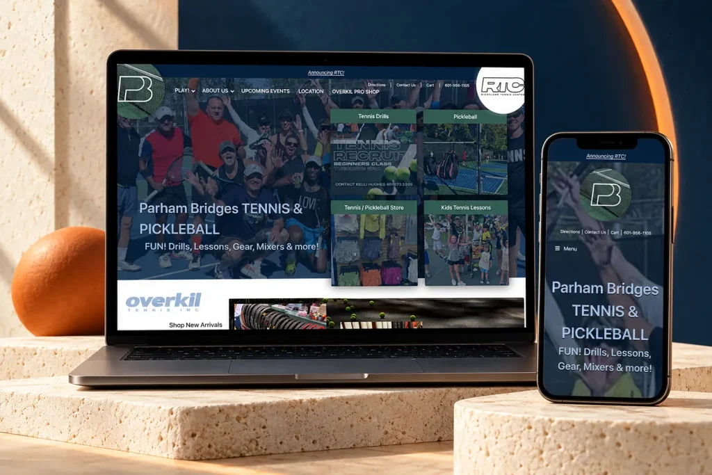 Current tennis.ms website shown on a laptop and phone in a Nuzu portfolio graphic.