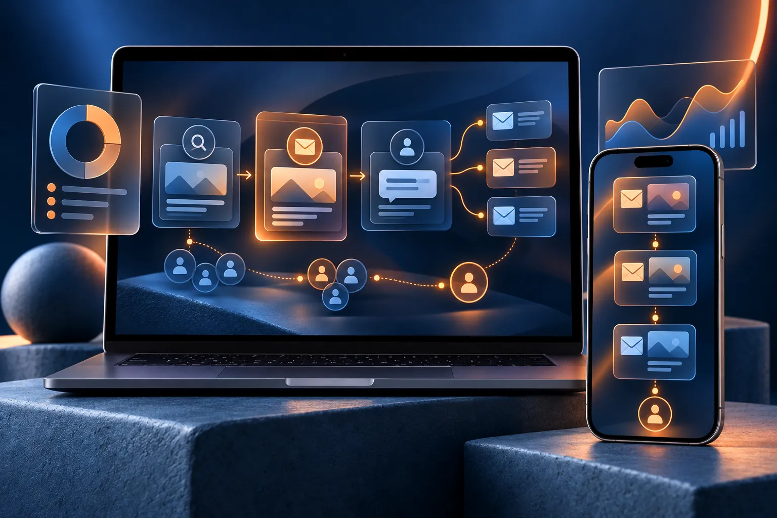 Connected marketing campaigns and customer journeys illustrated in Nuzu’s navy and orange palette.